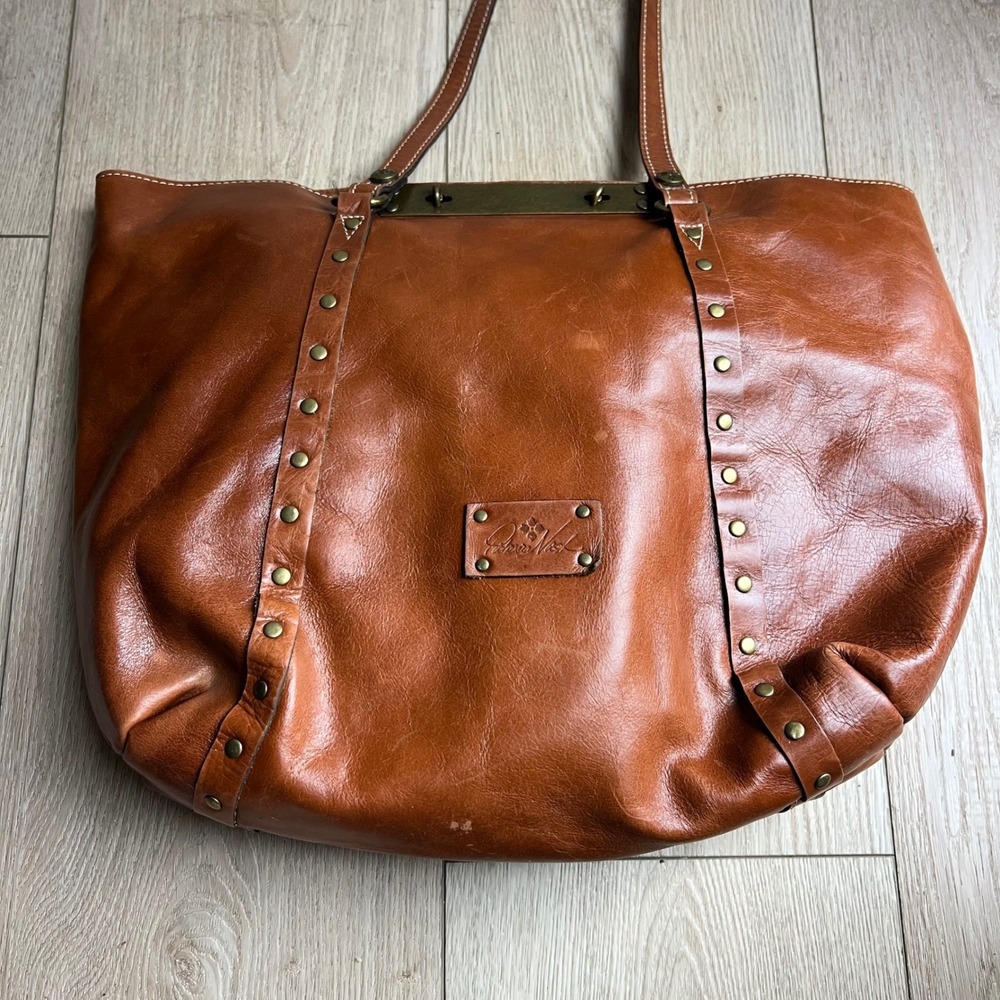 Patricia Nash Cognac Brown Leather Studded Tote Bag Brass Hardware Turn Lock - Picture 16 of 16